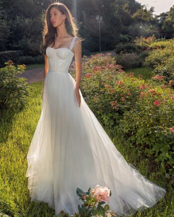 Bustier style A-line wedding dress with pearl waistline