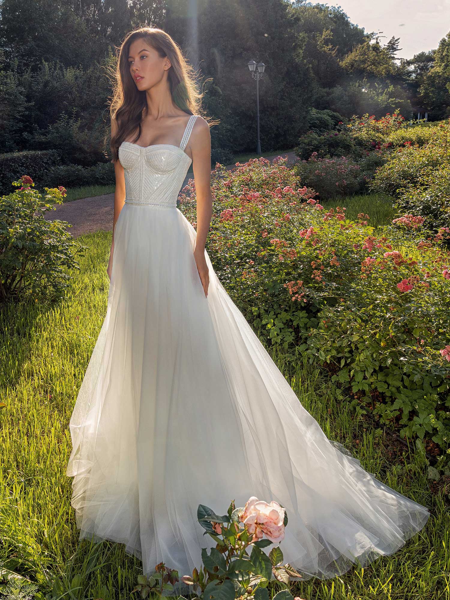 Bustier Style A Line Wedding Dress With Pearl Waistline 9302