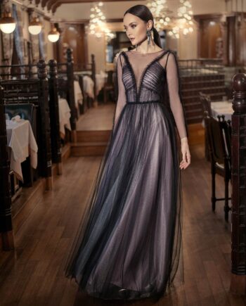 A-line evening dress with sheer long sleeves and keyhole back