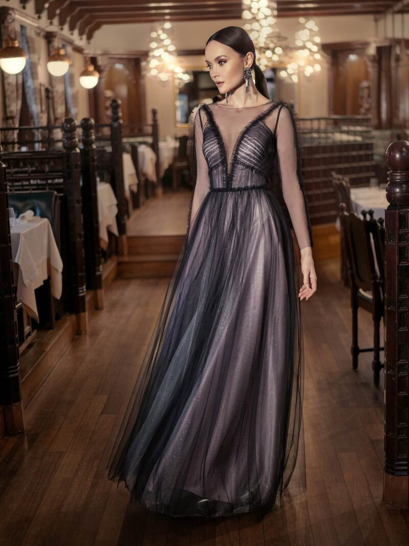 A-line evening dress with sheer long sleeves and keyhole back
