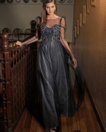 A-line evening dress with puff shoulders and long sleeves