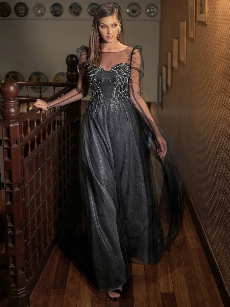 A-line evening dress with puff shoulders and long sleeves