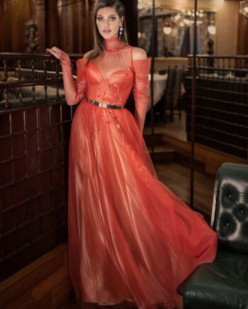 Long-sleeve A-line evening gown with high neck