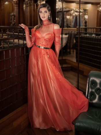 Long-sleeve A-line evening gown with high neck