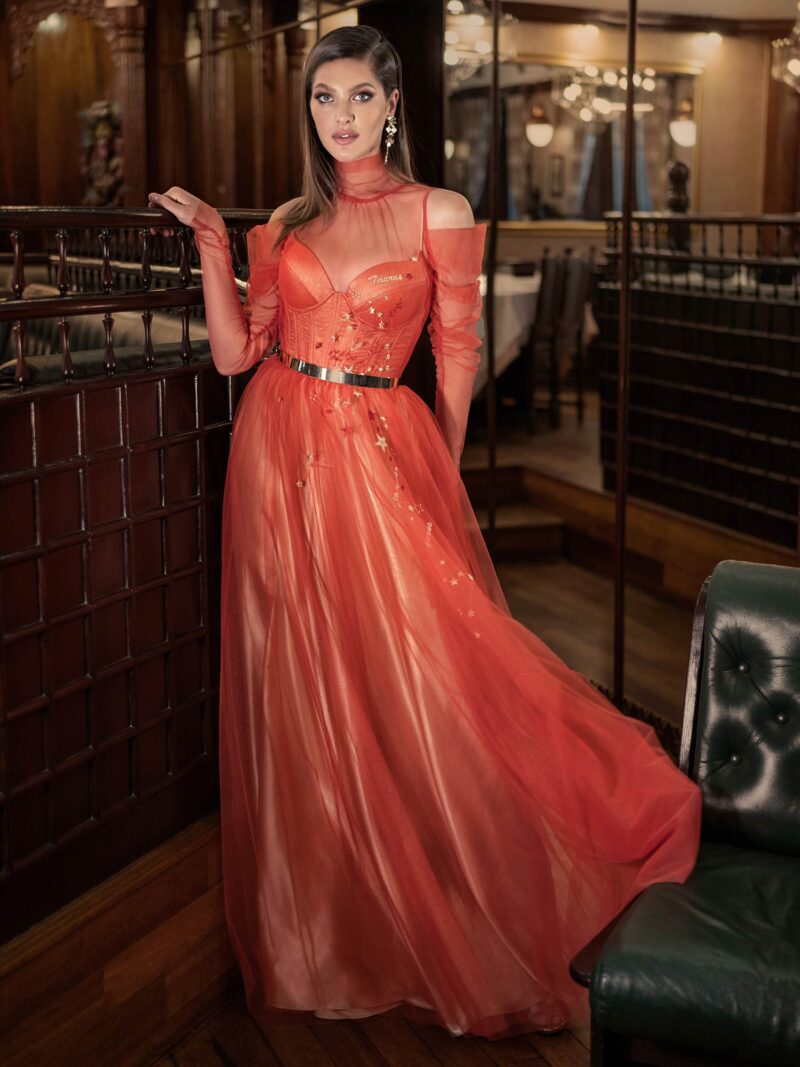 Long-sleeve A-line evening gown with high neck