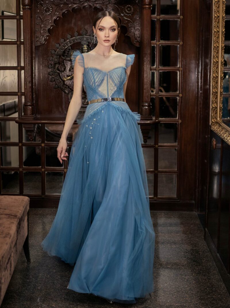 Tulle A-line evening dress with ruffles