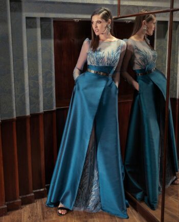 Long-sleeve formal gown with mikado skirt and metallic belt