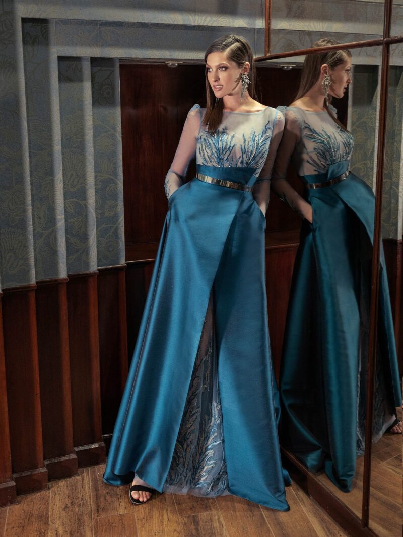 Long-sleeve formal gown with mikado skirt and metallic belt