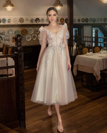 Puffed sleeve A-line gown with 3D flowers