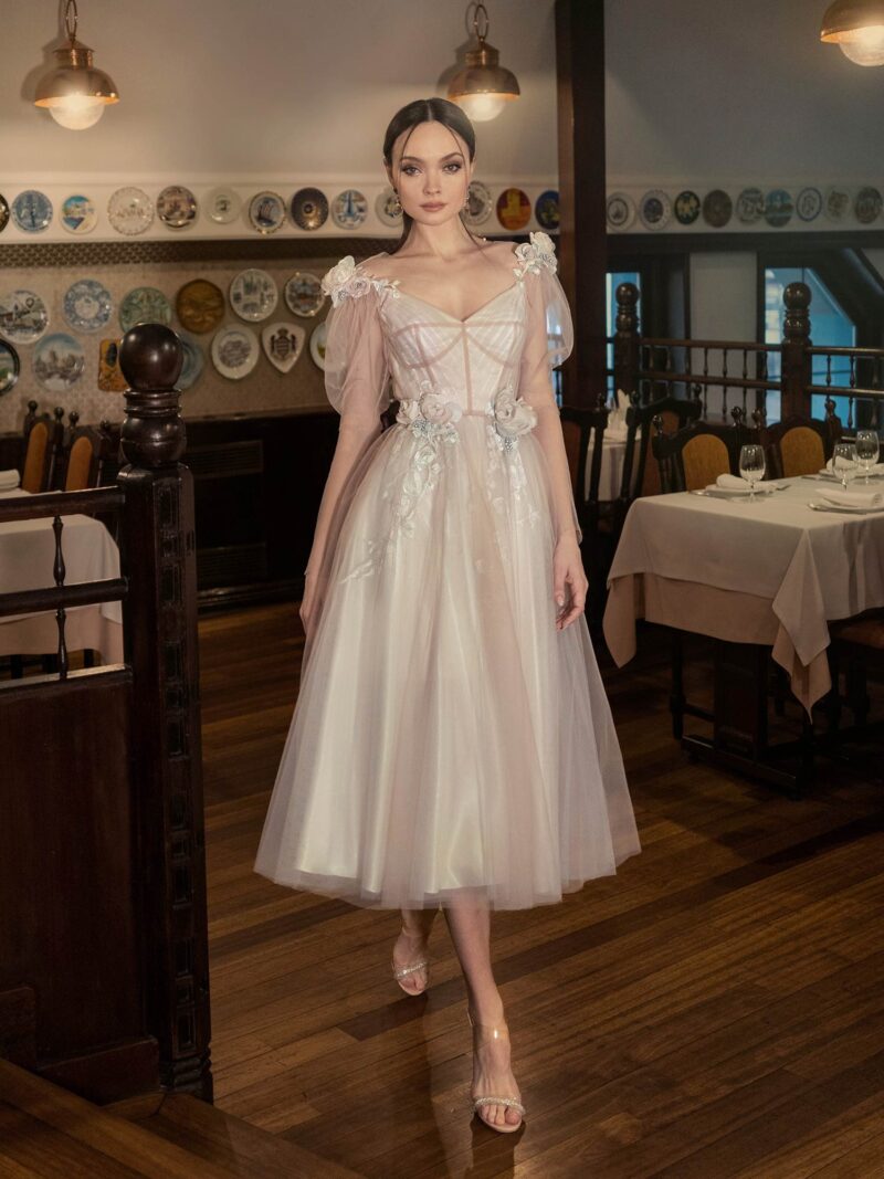Puffed sleeve A-line gown with 3D flowers