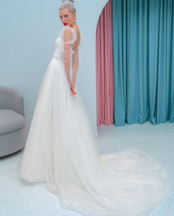 A-line wedding dress with plunging neckline and long sleeves