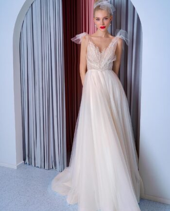 A-line wedding dress with bow straps and floral embroidered top