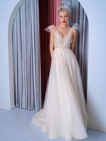 A-line wedding dress with bow straps and floral embroidered top