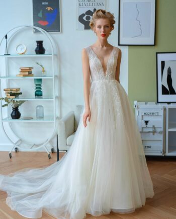 A-line wedding dress with V neckline and flower embroidery