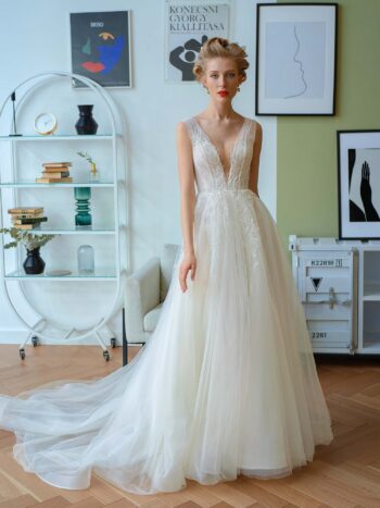A-line wedding dress with V neckline and flower embroidery