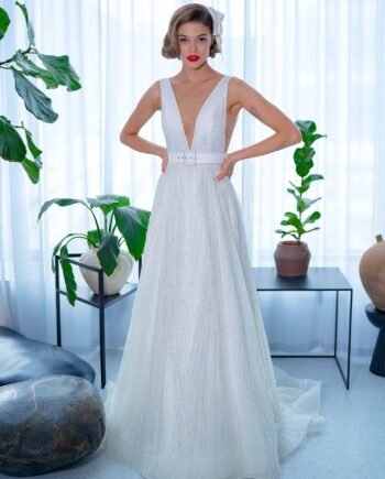 Sequinned lace A-line wedding dress with V neckline and belt