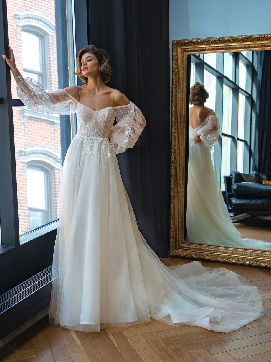 Strapless A-line wedding dress with long puffy sleeves