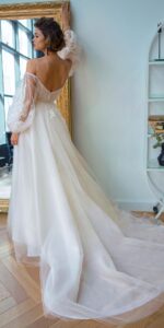 Strapless A-line wedding dress with long puffy sleeves