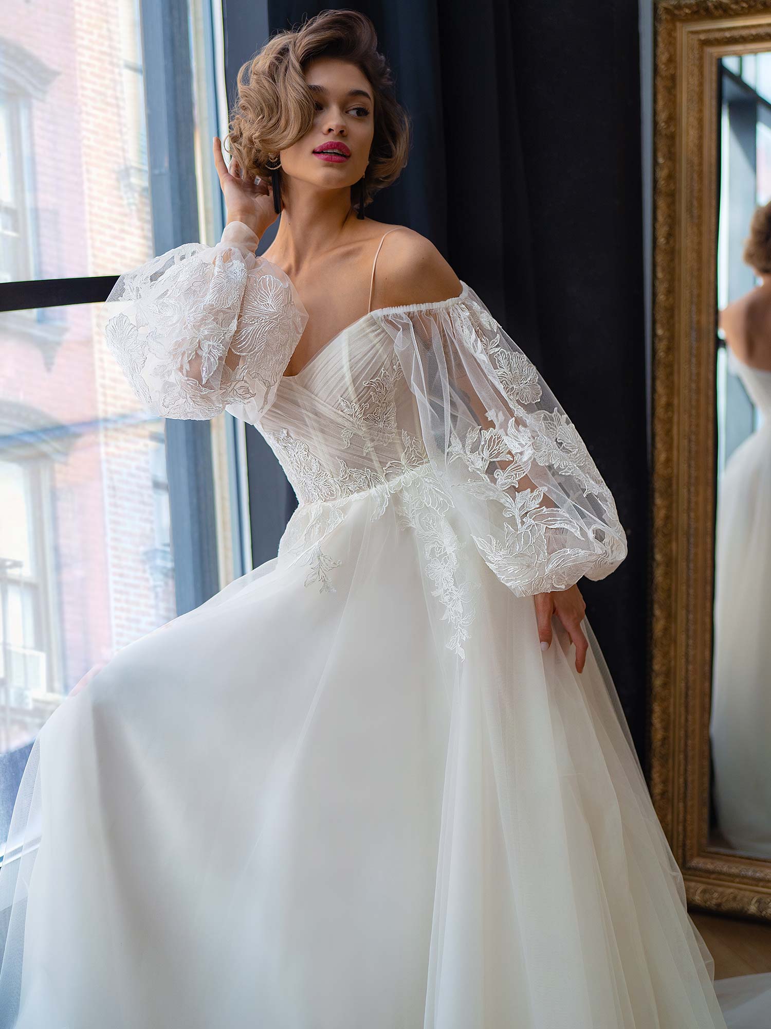 Strapless A line Wedding Dress With Long Puffy Sleeves