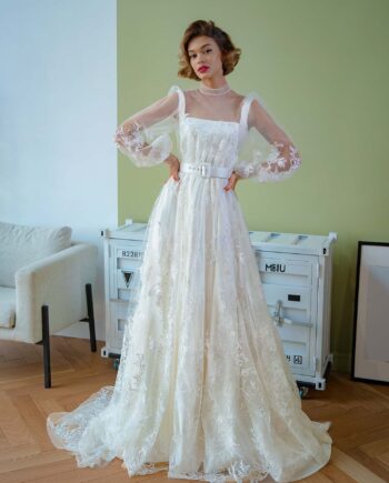 Floral lace ball gown with high neck and long sleeves