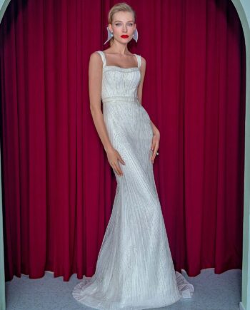 Fit and flare wedding dress with detachable train