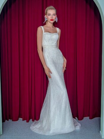 Fit and flare wedding dress with detachable train