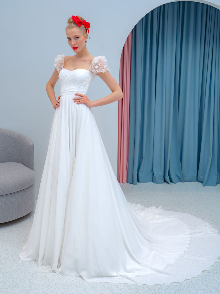 Sheath wedding dress with cap sleeves