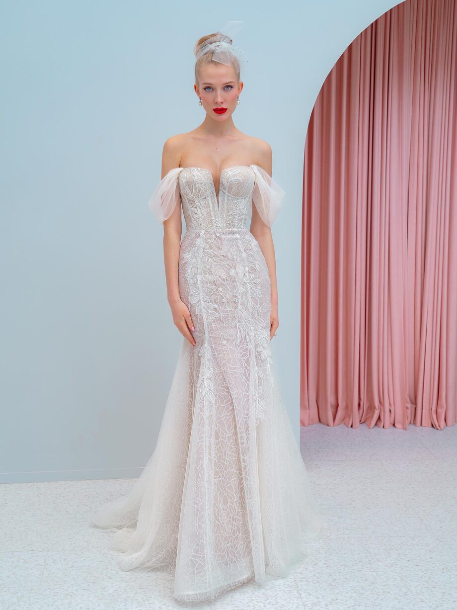 Fit and flare wedding dress with detachable train