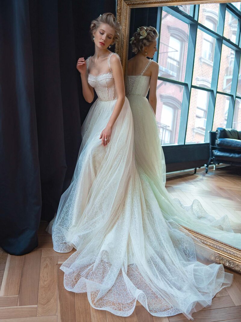 A-line wedding dress with beaded bustier top