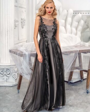 A-line evening dress with cascading ruffle trim