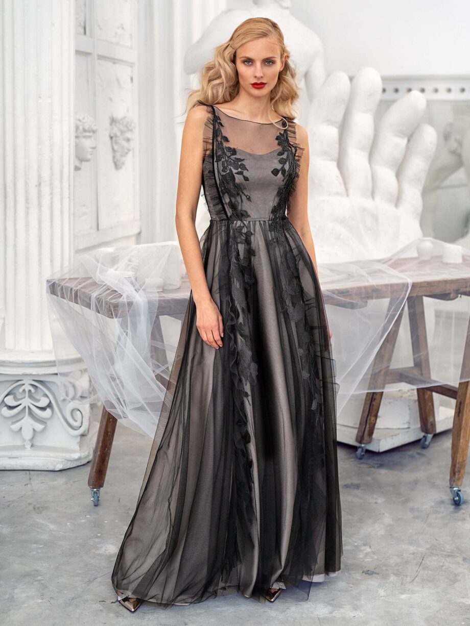 A-line evening dress with cascading ruffle trim