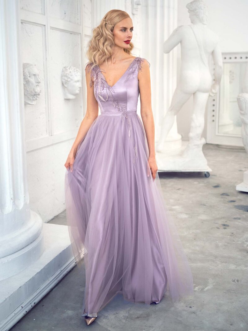 Tulle A-line evening gown with V-neckline