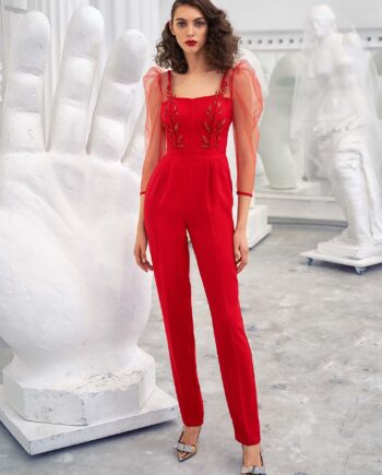 Three quarter sleeve jumpsuit with leaf embroidery and pockets