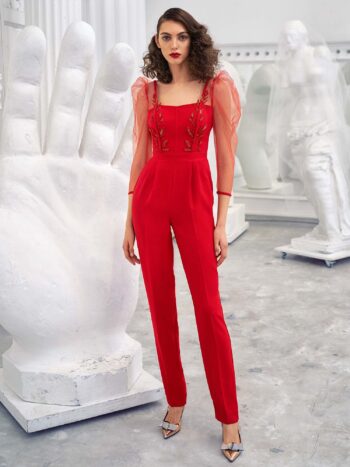 Three quarter sleeve jumpsuit with leaf embroidery and pockets