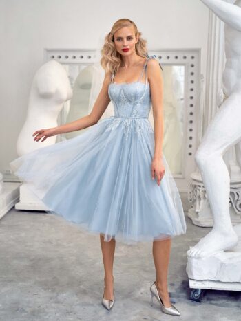 Bustier style gown with tulle skirt and spaghetti straps