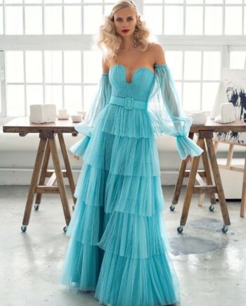 Strapless A-line evening dress with tulle layered skirt