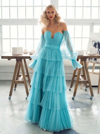 Strapless A-line evening dress with tulle layered skirt