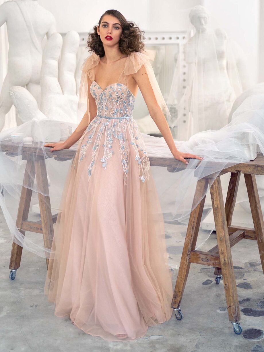 Bustier style A-line gown with floral embroidery and bow straps