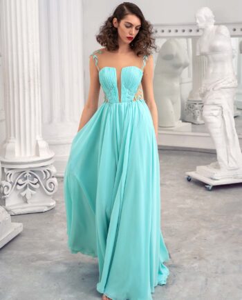 Chiffon sheath dress with an illusion plunging neckline