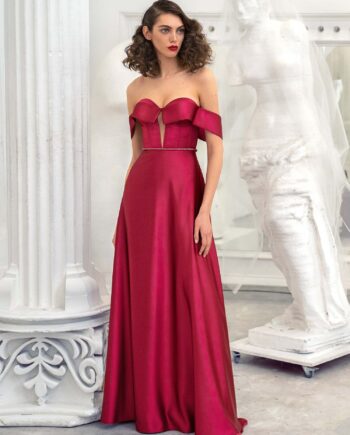 Satin sheath evening gown with off the shoulder sleeves