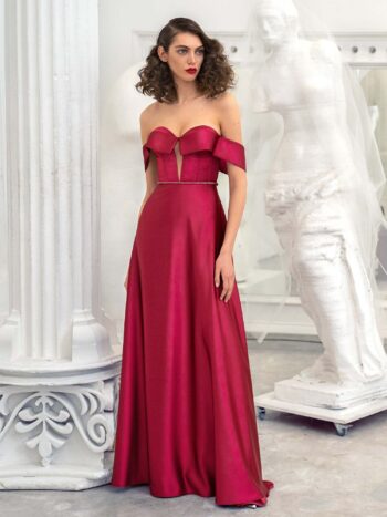 Satin sheath evening gown with off the shoulder sleeves