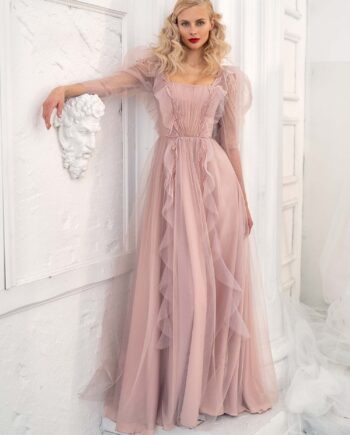 Long-sleeve A-line evening dress with ruffles