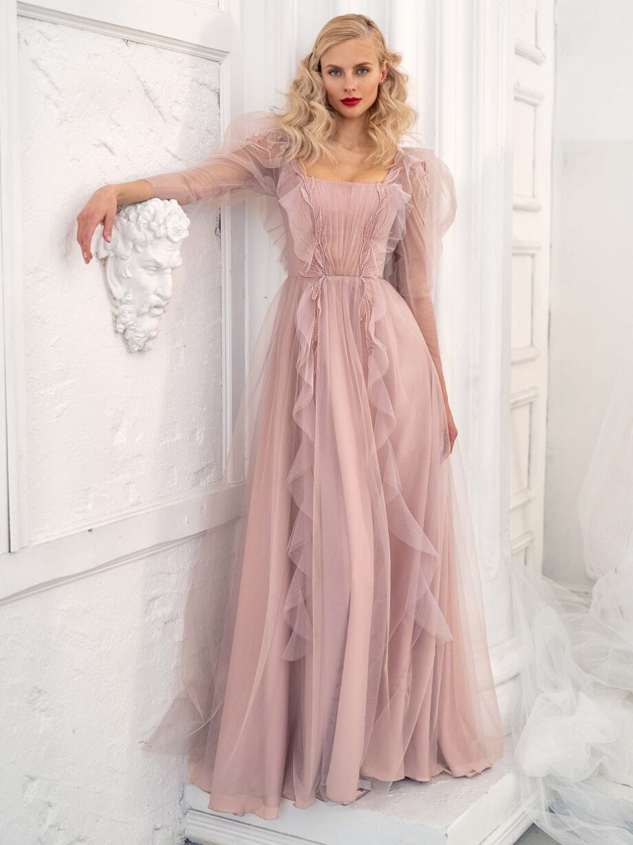 Long-sleeve A-line evening dress with ruffles