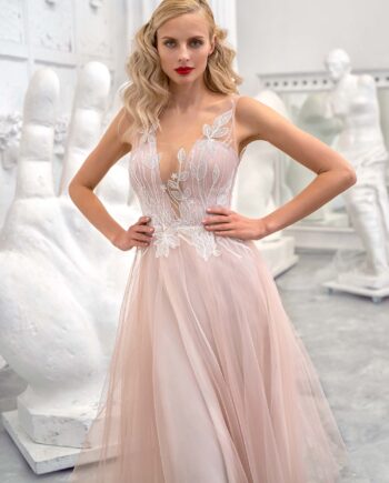 A-line formal dress with floral lace top and tulle skirt