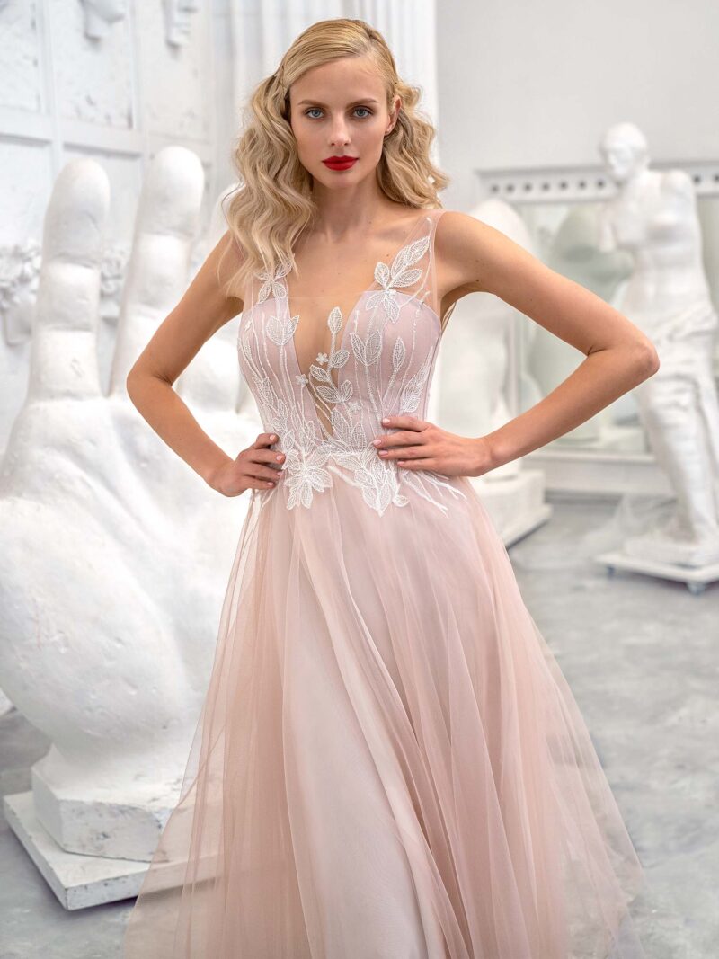A-line formal dress with floral lace top and tulle skirt