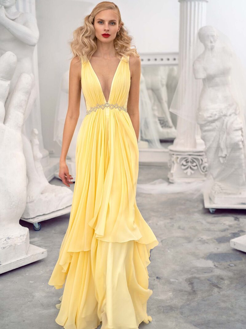 Chiffon evening dress with a plunging neckline