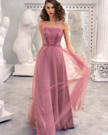 A-line formal dress with illusion straight neckline and V-back