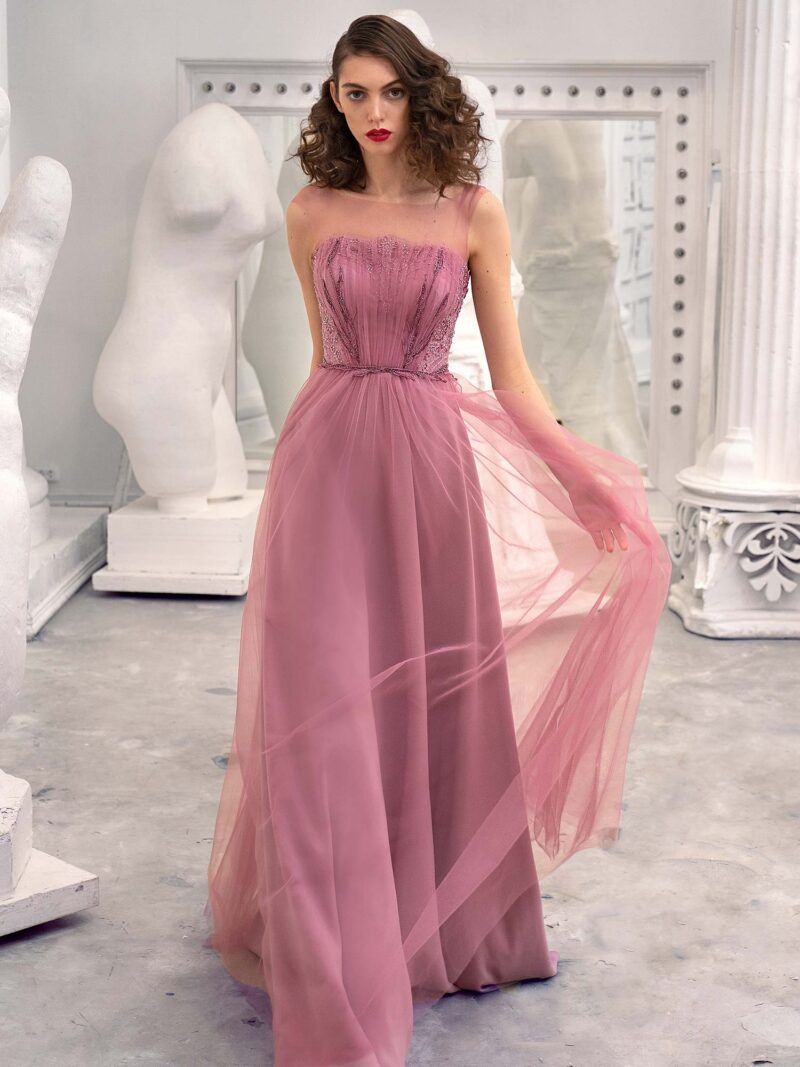 A-line formal dress with illusion straight neckline and V-back