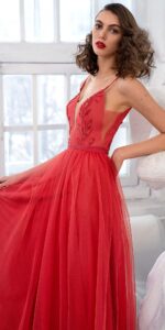 Spaghetti strap A-line evening dress with deep plunge neckline