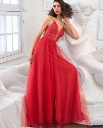 Spaghetti strap A-line evening dress with deep plunge neckline